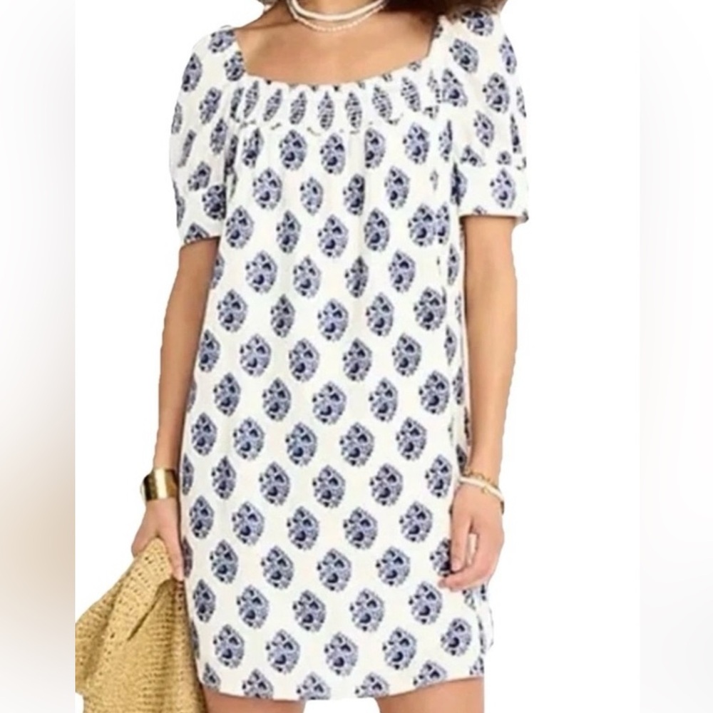 J. Crew White Mini Dress with Navy Blue Medallion Print